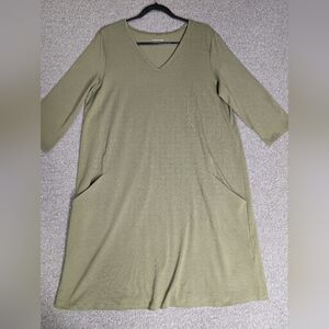 Eileen Fisher Organic Cotton V-Neck 3/4 Sleeve Mini Shift Dress Green Size Large